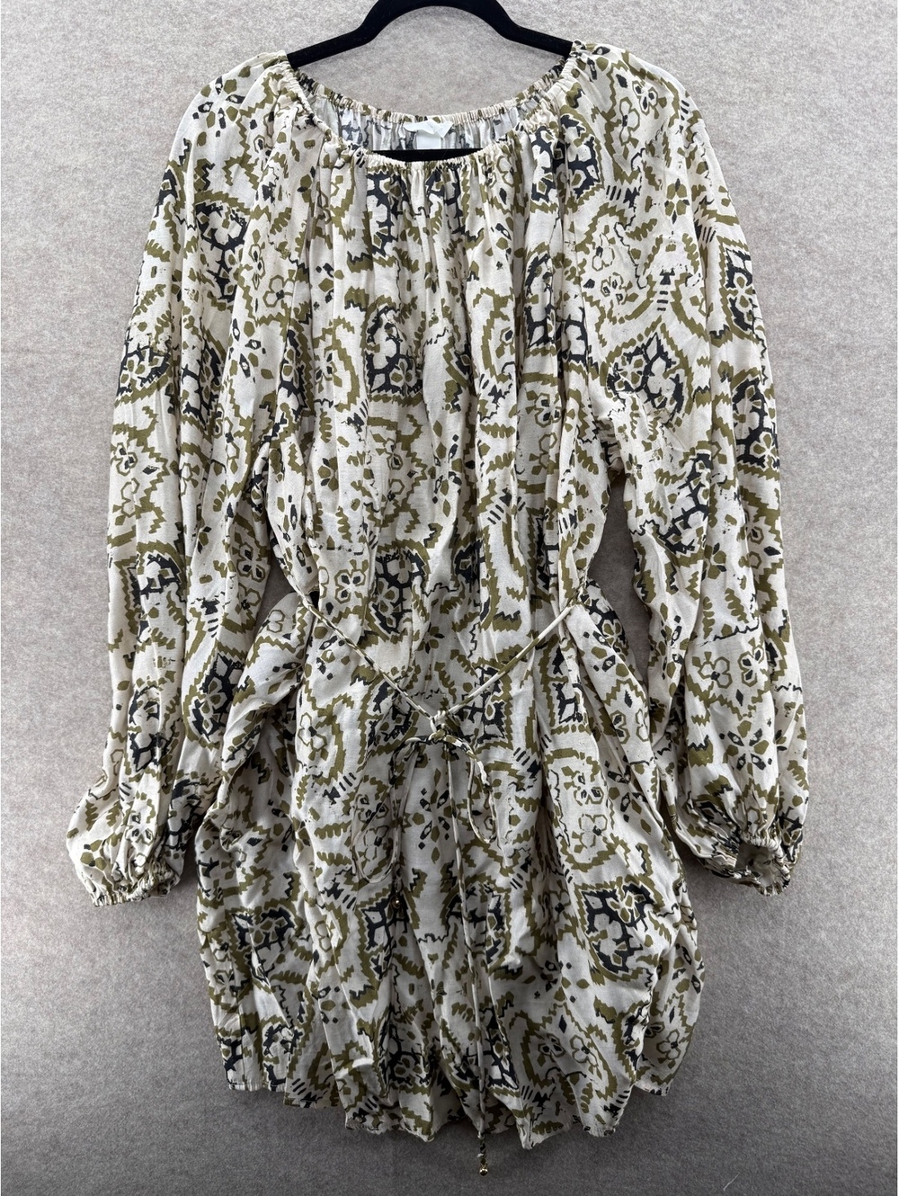 H&M Paisley Boho Peasant Mini Dress Olive Cream Long Sleeve L